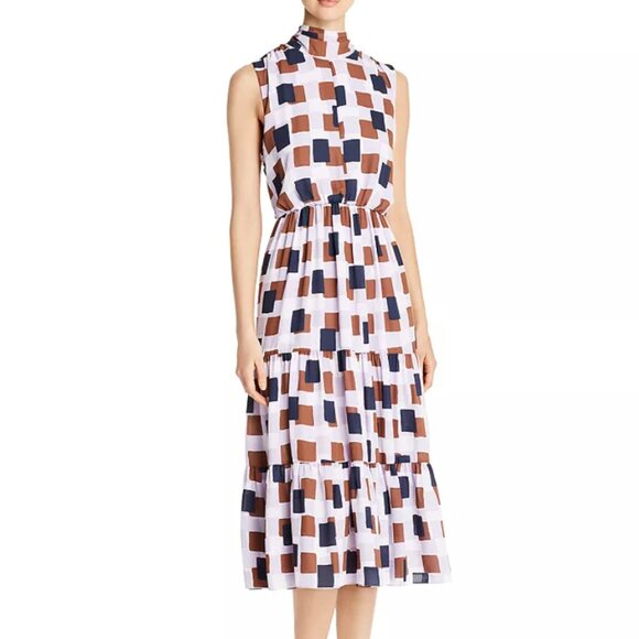 Kate Spade New York Geo Squares Lavender Retro Square Tie Neck Midi Dress Size 6 - Picture 1 of 9